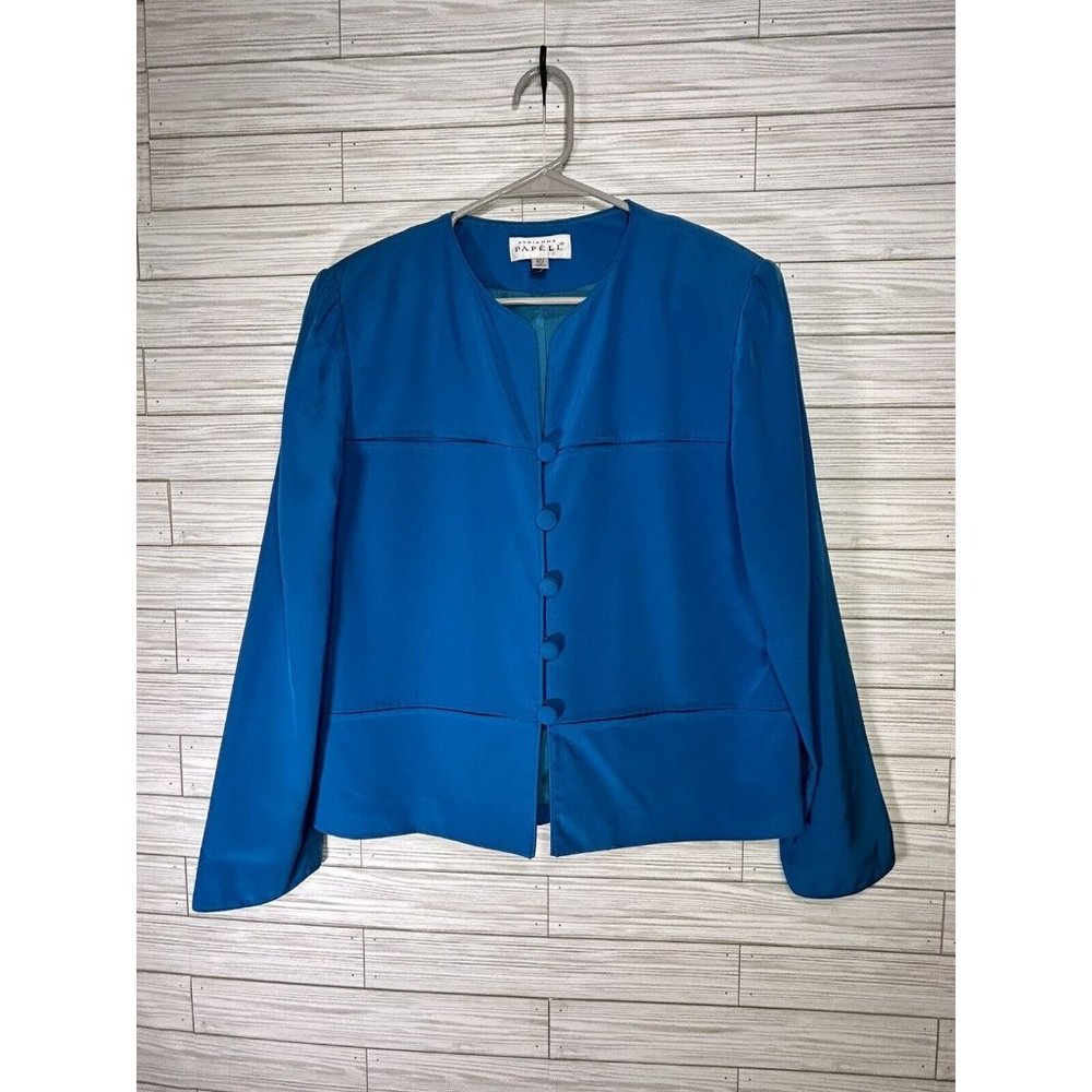 Vintage Papell Too Blue 100% Silk Long Sleeve Button Front Jacket Blazer Size 12